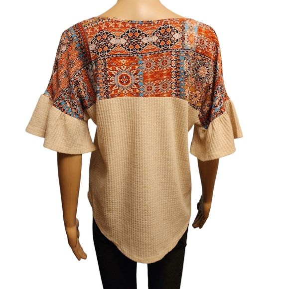 Moa Moa Ruffle Short Sleeve Knit Knotted Blouse - Picture 4 of 11